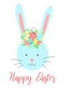 Vector image of a cute rabbit with flowers on the head with an inscription. Hand-drawn Easter illustration of a bunny for spring h Royalty Free Stock Photo