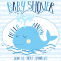 Vector image of a cute whale with the inscription Baby Shower and Ahoy on a striped blue background. Illustration on the sea theme Royalty Free Stock Photo