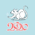 Vector image of a cute white rat with sparkler in its paws and numbers of the new year, 2020 Royalty Free Stock Photo