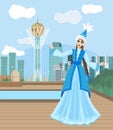 Vector image of a dancing girl in a Kazakh national costume against the background of the capital of Kazakhstan Nur-Sultan Royalty Free Stock Photo