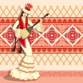 Vector image of a dancing girl playing a musical instrument - dombra, in a Kazakh national costume, holiday card, Nauryz Royalty Free Stock Photo