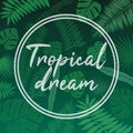 Vector image of a dark green background of tropical leaves with an inscription in the circle of a tropical dream. Botanical illust