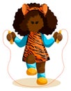 Vector image of a dark-skinned girl in clothes with a tiger print jumping rope. Concept. Cartoon style. EPS 10 Royalty Free Stock Photo