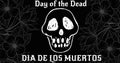 Vector image of day of the dead text and spooky skull over black background, copy space