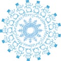 Vector image of decorative round design element from sketches christmas snowmen, snowflake and lettering