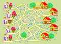 Educational page for children on addition. Where every dwarf must roll his wheelbarrow? Solve examples, count the quantity apples
