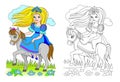 Fantasy illustration of cute little riding princess. Colorful and black and white page for coloring book. Worksheet for children Royalty Free Stock Photo