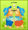 Fantasy illustration of cute little dancing bears. Wedding greeting card with an inscription in French I love you.