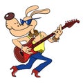 Vector image of a dog. Cartoon character from the ensemble of the Bremen Town Musicians. Cartoon dog plays the electric guitar.