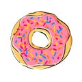 Vector image of a donut with icing and sprinkling. Food sketch of baking and sweet dessert. Hand-drawn bright appetizing