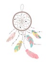 Vector image of a dreamcatcher in boho style with colorful feathers.