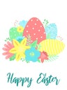 Vector image of eggs, flowers and leaves with an inscription with bunny ears. Hand-drawn Easter illustration for spring happy holi Royalty Free Stock Photo