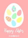 Vector image of eggs in a frame with decorations and an inscription on a pink background. Hand-drawn Easter illustration for sprin