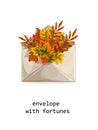 Vector image of an envelope with an autumn bouquet of foliage isolated on a white background with a thematic inscription in the Royalty Free Stock Photo