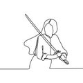 Vector image of a fantasy of the girl with a sword. Woman the samurai with continuous line drawing. Hand drawn one lineart design
