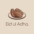 Premium Eid ul Adha Greeting Design with Dates on Plate Minimal Islamic Festival Illustration on Beige Background. Royalty Free Stock Photo