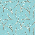 Seamless pattern illustration of willow branch on blue background, Easter design.