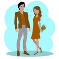 Vector image of the first date.The young people are a little confused. The girl is holding a bouquet of tulips.