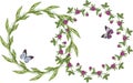 Vector image of floral wreathes from drawn white lilies of valley and purple clovers with flying butterflies