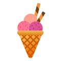 Vector image of fruit and berry ice cream with chocolate sticks. Cone of berry sorbet