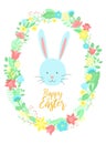 Vector image of a funny blue rabbit in the flowers wreath with an inscription. Hand-drawn Easter illustration of a bunny for sprin