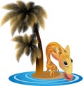 Vector image of a giraffe near the palm trees on the beach. Concept of approaching vacation time, resorts and relaxation
