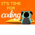 A vector of a girl sitting at the desk and coding on the laptop with a orange background. Play learn code text for a flyer