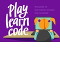 A vector of a girl sitting at the desk and coding on the laptop with a purple background. Play learn code text for a flyer