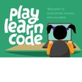 A vector of a girl sitting at the desk and coding on the laptop with a teal background. Play learn code text for a flyer or