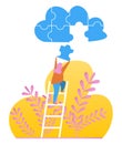 Vector image. The girl on the stairs. Putting together a cloud puzzle. Business concept