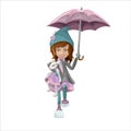 Girl walking with a bunny under an umbrella. Cartoon style. Isolated on white background Royalty Free Stock Photo