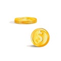 Vector image of a gold coin. Yellow color, isolated object.