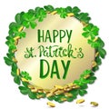 Vector image of a green frame of clover with the words `Happy for St. Patrick` on a white background.