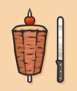 Grilled doner and long knife vector illustration.