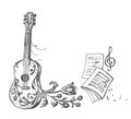 Vector image of a guitar with flowers and musical notation with a treble clef and scattering notes.