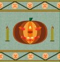 Vector Image, Halloween Funny Pumpkin On Woven Fabric Base