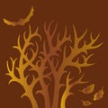 Vector image of halloween trees with bat and leaves in golden orange tones