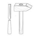 Vector image of a hammer and chisel auxiliary tool isolated on white background. Concept. Tool. Outline. EPS 10 Royalty Free Stock Photo