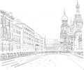 Vector image of hand-drawn black-and-white drawing of the waterfront buildings