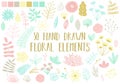 Vector image of hand-drawn floral elements on a light background. Cartoon illustration of a set of isolated flowers, leaves and bl Royalty Free Stock Photo