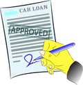 Hand signing car loan form with approved stamp Royalty Free Stock Photo