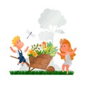 Vector image with happy children in nature, park. Royalty Free Stock Photo