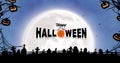 Vector image of happy halloween text in cemetery against glowing moon at night, copy space