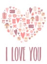 Vector image of a heart made from hand-drawn objects with the inscription I love you. Illustration in pink colors for Valentine`s Royalty Free Stock Photo