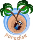 Vector image of a hedgehog on an island under a palm tree. Series of illustrations