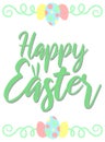Vector image of an inscription with bunny ears, eggs and decorations. Hand-drawn Easter illustration for spring happy holidays, su Royalty Free Stock Photo