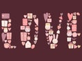 Vector image of the inscription love from hand-drawn items on the dark background. Illustration in pink colors for Valentine`s Day Royalty Free Stock Photo