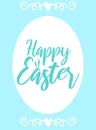 Vector image of an inscription with rabbit`s ears and decorations on a blue background. Easter illustration for spring happy holi Royalty Free Stock Photo