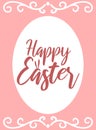 Vector image of an inscription with rabbit`s ears and decorations on a pink background. Easter illustration for spring happy holi Royalty Free Stock Photo