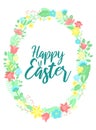 Vector image of an inscription with rabbit`s ears in the wreath of flowers. Hand-drawn Easter illustration for spring happy holid